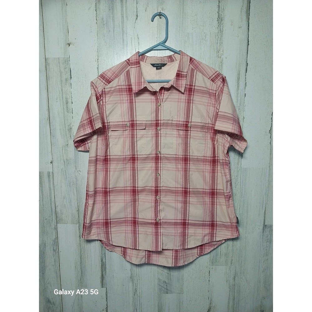 Eddie Bauer Ladies Short Sleeve Adventure Top Size XL Pink Plaid